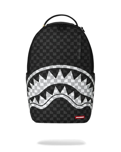 BLACK AND WHITE DRIP CHECK SHARK BACKPACK