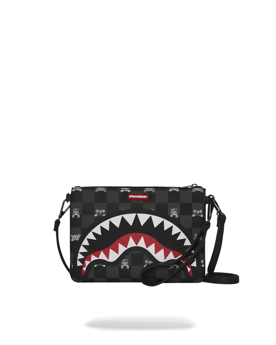 GRAY PEEKING CHARACTER CHECK CROSSBODY POUCHETTE