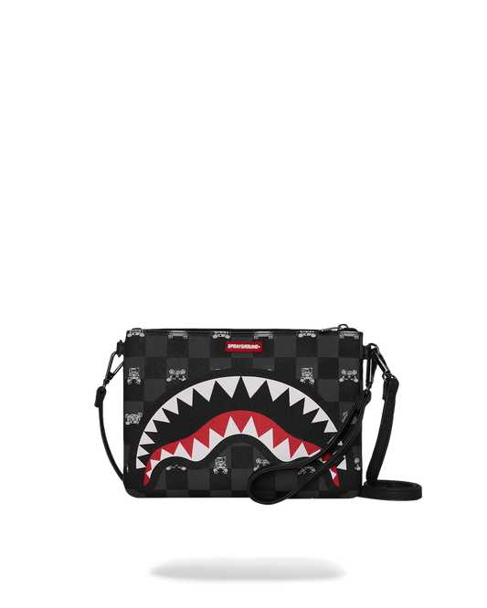 GRAY PEEKING CHARACTER CHECK CROSSBODY POUCHETTE